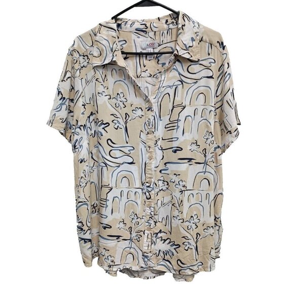 D&Co Denim + Company Womens Drapey Camp Shirt 1X Stone Short Sleeve Button Up - Picture 1 of 8